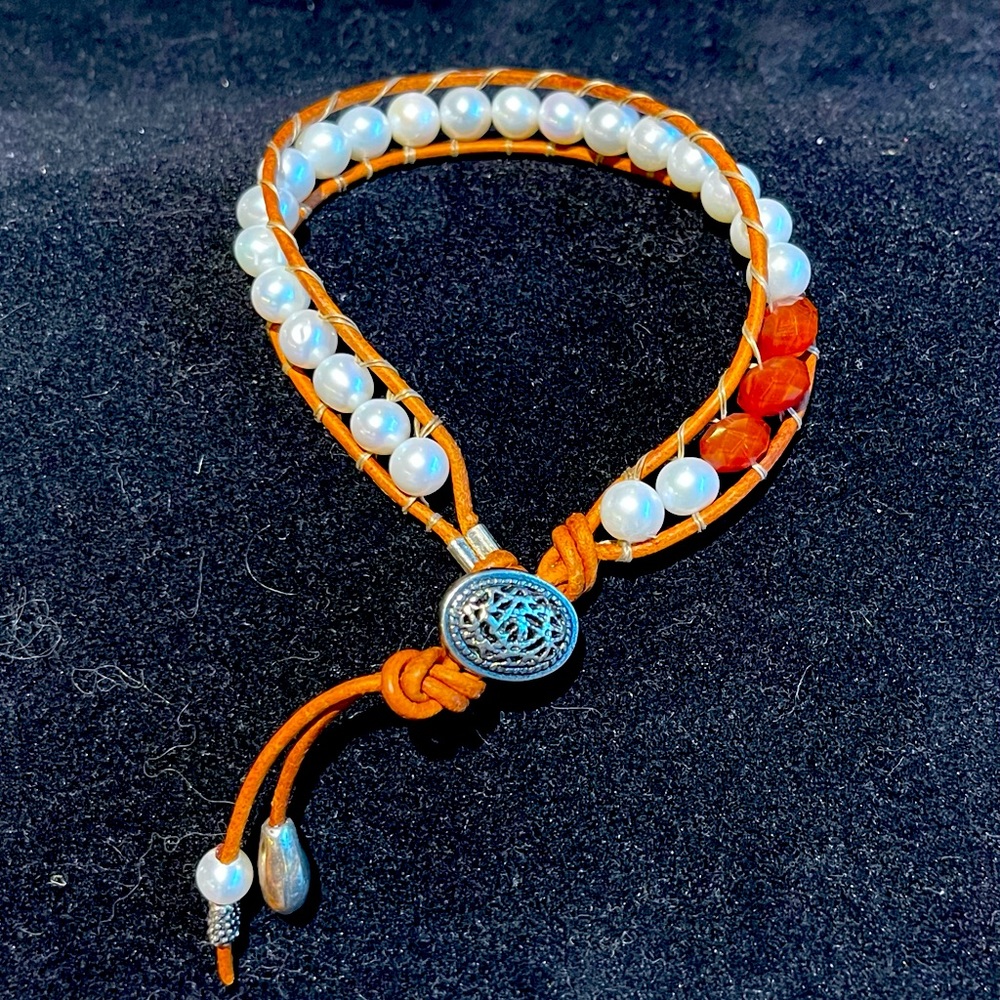 Leather, Freshwater Pearls and Carnelian Ladder Wrap Bracelet Medium